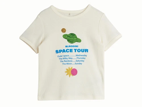 Mini Rodini t-shirt i off-white med space tour print set forfra
