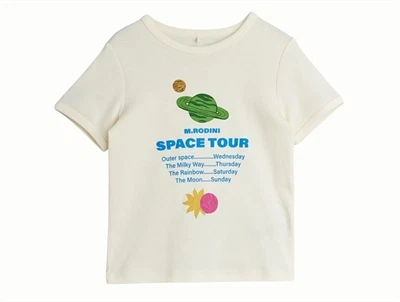 Mini Rodini t-shirt i off-white med space tour print set forfra
