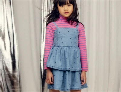 Pige iklædt Mini Rodini kjole i blue med prikprint og stropper 