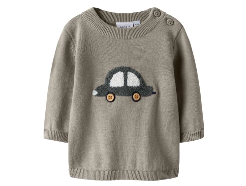 Name It striktrøje i grønlig beige nuance vintage khaki med bilmotiv