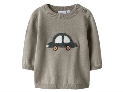 Name It striktrøje i grønlig beige nuance vintage khaki med bilmotiv