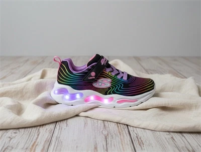 Skechers Wavy Beams sneaker sort med regnbueprint og blinklys