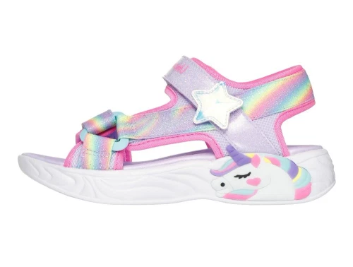 skechers sandal i lilla og pink med glimmer og regnbuefarvede remme, set fra siden