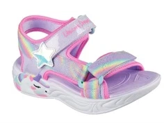 skechers sandal i lilla og pink med enhjørning og velcrolukning, set skråt forfra