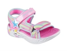 skechers sandal i pink med enhjørning og velcrolukning, set skråt forfra