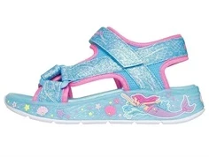 skechers sandal i blå med glimmer og pink detaljer samt havfrue på sålen, set fra siden