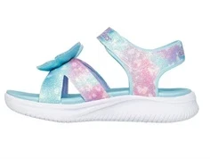 skechers sandal i turkis og pink med glimmer og 3D sommerfugl, set skråt forfra