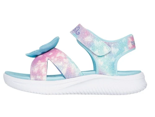 skechers sandal i turkis med glimmer og sommerfugl på remmen, set fra siden