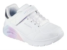 skechers uno lite sneaker i hvid med lilla sål og velcrolukning, set skråt forfra