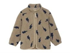 celavi fleecejakke i beige med navy blå lynprint, set forfra med lynlås