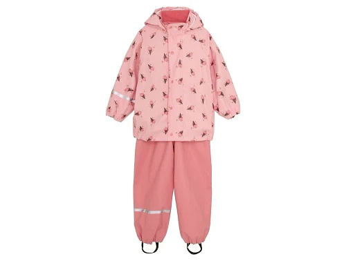 celavi regnsæt i rosa med blomsterprint og refleksdetaljer, set forfra