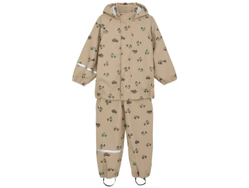 celavi regnsæt i beige med bilprint og refleksdetaljer, set forfra