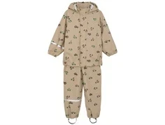 celavi regnsæt i beige med bilprint og refleksdetaljer, set forfra