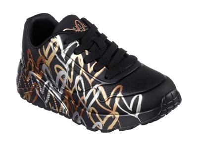 Skechers Uno Lite sneakers sort til piger med metallic hjerteprint