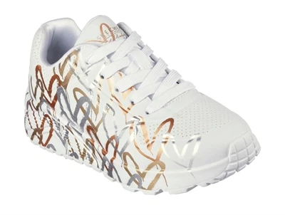 Skechers Uno Lite sneakers hvid til piger med metallic hjerteprint