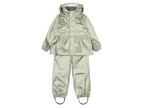 Mikk-Line PU regnsæt green bay med metallisk look og flæsekant set bagfra