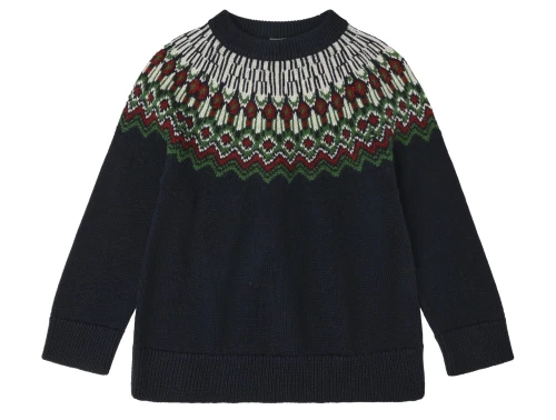 Fair Isle sweater i dark navy med mønstret bærestykke fra FUB i merinould