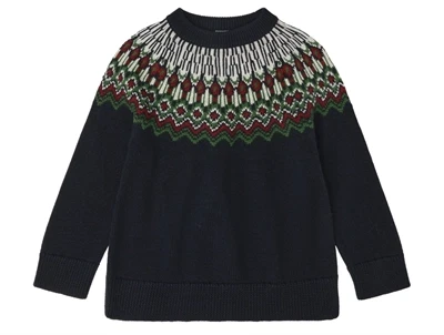 Fair Isle sweater i dark navy med mønstret bærestykke fra FUB i merinould