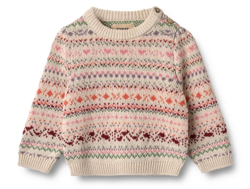 Wheat striktrøje multi med jacquardmønster og skulderåbning set forfra