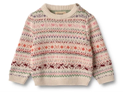 Wheat striktrøje multi med jacquardmønster og skulderåbning set forfra