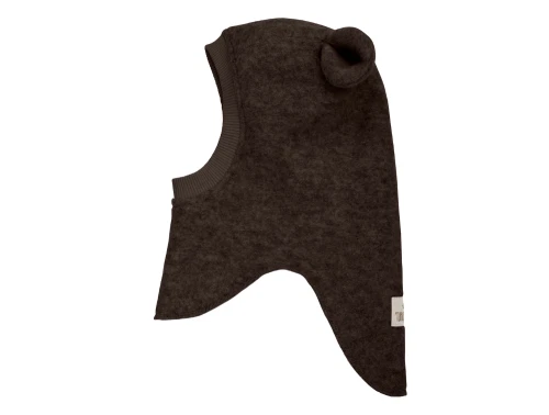 Huttelihut elefanthue mørkebrun melange med små ører set fra siden