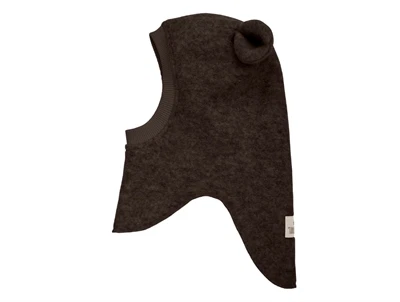 Huttelihut elefanthue mørkebrun melange med små ører set fra siden