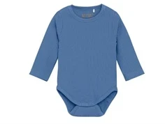huttelihut body i blå med ribstruktur og lange ærmer, set forfra
