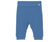 huttelihut bukser i blå med rib og bred linning, set forfra