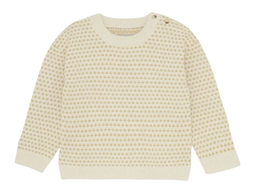 huttelihut striktrøje i naturhvid med sandfarvet mønster og knaplukning ved halsen