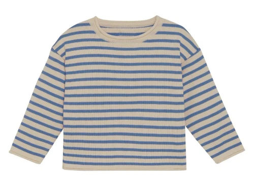 huttelihut striktrøje i råhvid med blå striber, set forfra