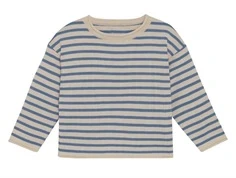 huttelihut striktrøje i råhvid med blå striber, set forfra