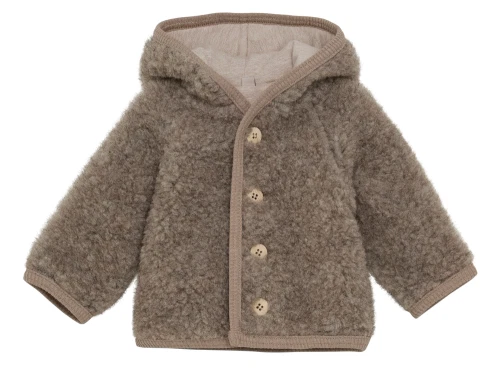 Huttelihut uldjakke camel melange med spids hætte og kvast