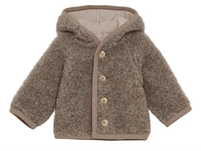 Huttelihut uldjakke camel melange med spids hætte og kvast