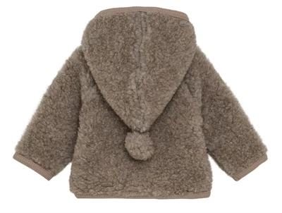 Huttelihut uldjakke camel melange med hætte og kvast set bagfra