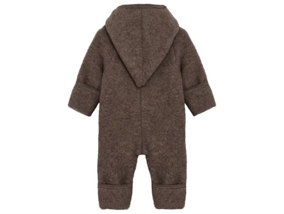 Huttelihut køredragt i brun melange med blød uldfleece og spids hætte set bagfra