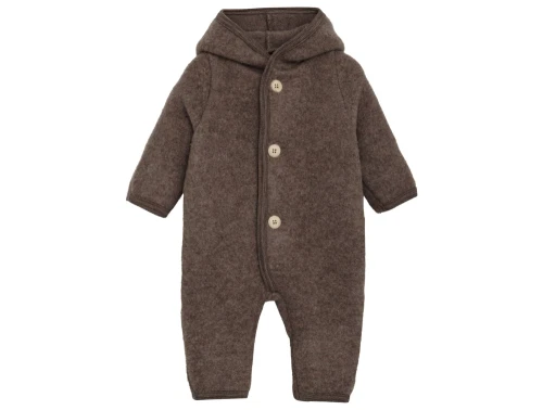 Huttelihut køredragt i brun melange med blød uldfleece og spids hætte set forfra