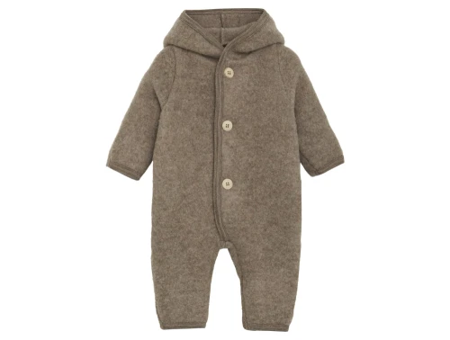 Huttelihut køredragt i savanne melange med blød uldfleece og spids hætte set forfra