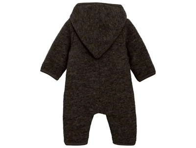 Huttelihut køredragt i mørkebrun melange med blød uld og hætte set bagfra