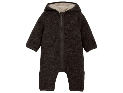 Huttelihut køredragt i mørkebrun melange med blød uld og hætte set forfra