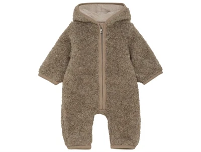 Huttelihut køredragt camel melange med blødt teddy look og hætte