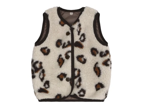 Huttelihut vest i graa nuance med leopardprint set forfra