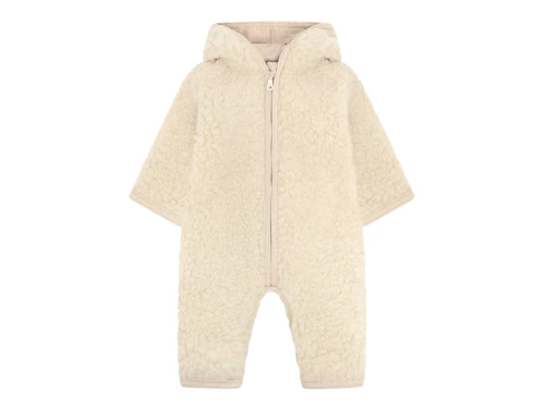 Huttelihut køredragt i råhvid uld teddy med lynlås og hætte