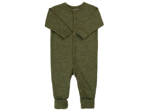 Joha uldheldragt i mørk oliven merinould med trykknapper og fødder  