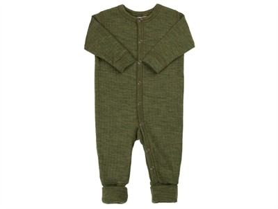 Joha uldheldragt i mørk oliven merinould med trykknapper og fødder  