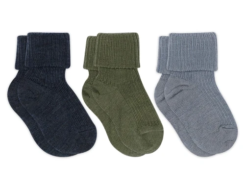 mpKids babystrømper 3-pak i uld med rib i farverne olivine, navy og stone blue