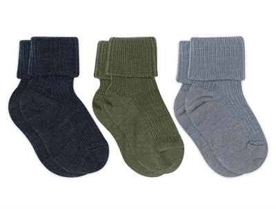 mpKids babystrømper 3-pak i uld med rib i farverne olivine, navy og stone blue