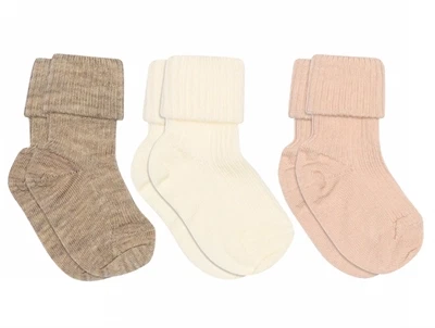 mpKids babystrømper 3-pak i uld med ribstruktur- brun, hvid, rosa