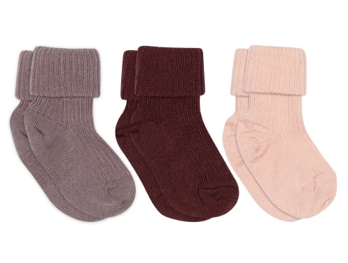 mpKids babystrømper 3-pak i uld med rib i farverne rose dust, mauve og bordeaux