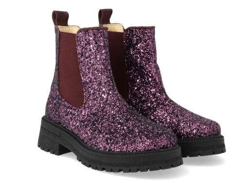 Chelsea støvle aubergine glitter med chunky sål