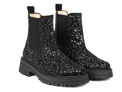 Angulus Chelsea støvle i sort glitter med chunky sål